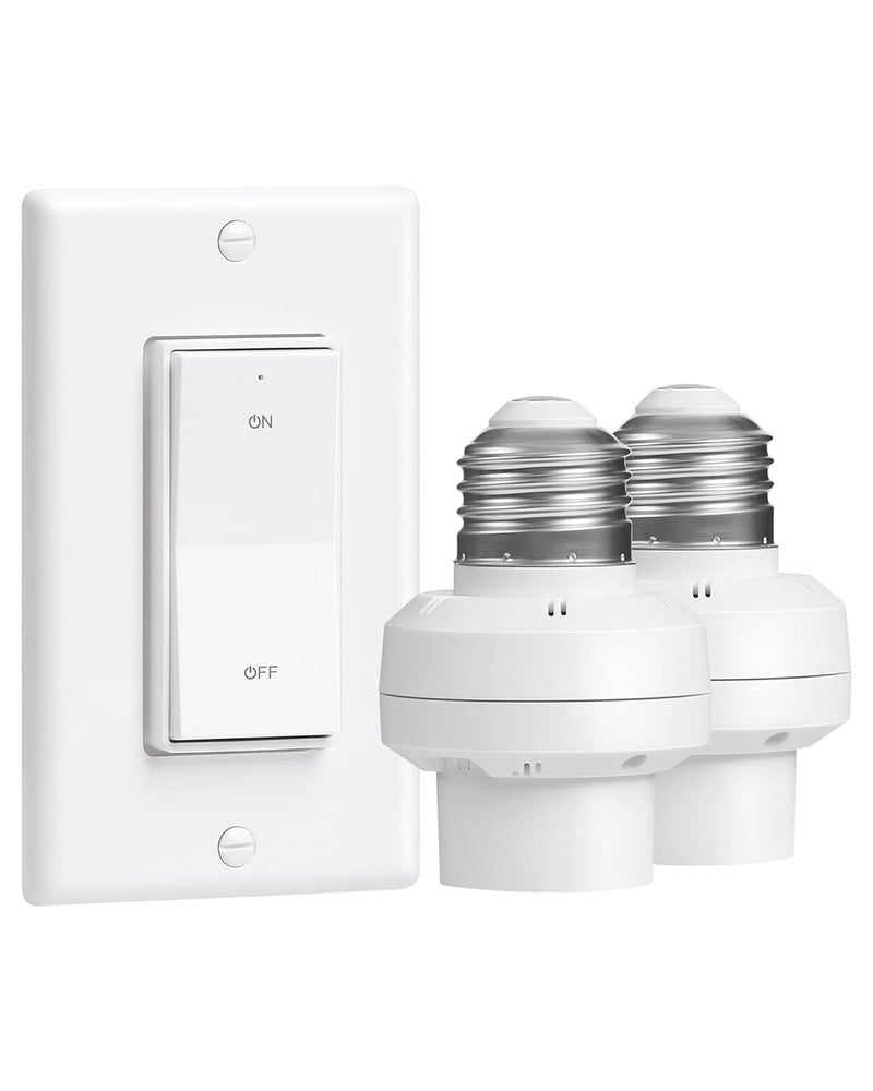 treewell Remote Control Light Bulb Socket, Decorator Rocker Wall Switch, 200FT Range Wireless Light Switch for Pull Chain Light Fixture, E26 E27 Base, No Wiring Needed (1 Wall Switch and 2 Sockets) - Image 1